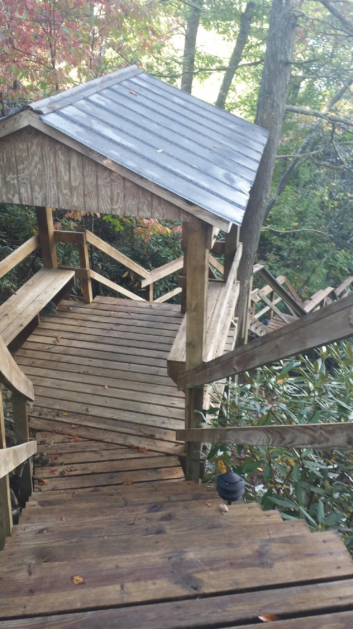 Metal roofed shelter over wooden steps on a wooded walkway — Skylight Repair & Installation work by our crew in Brilliant